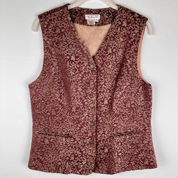 VTG Talbots Brocade Vest Women’s Size 8 Buttons Burgundy Tan Rayon Blend Lined - Picture 1 of 11